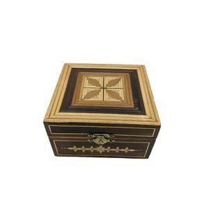 VTG Slat Texture Bamboo Wood Cover Trinket Stash Jewelry Box 4.5" x 4.5"